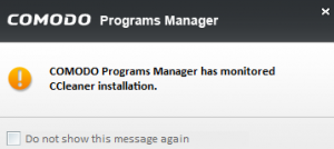 Newly installed program monitored by Comodo Programs Manager