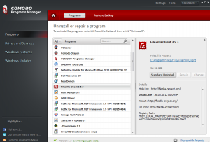 Programs list in Comodo Programs Managers