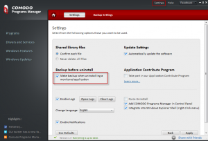 Settings for Comodo Programs Manager