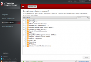 Windows features in Comodo Programs Manager