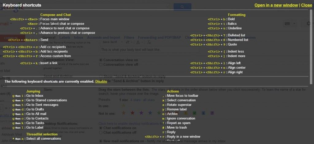 List of available Gmail keyboard shortcuts