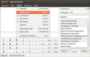 Constants, functions and variables reference list in SpeedCrunch