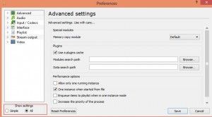 Settings in VLC player