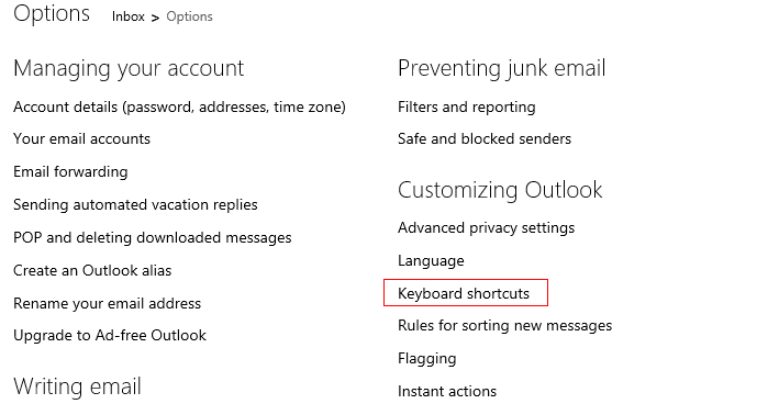 Keyboard shortcuts option in Outlook.com