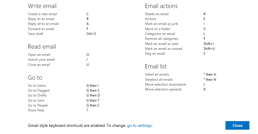 Gmail style keyboard shortcuts list in Outlook.com