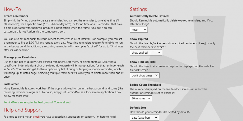 Various settings for RemindMe