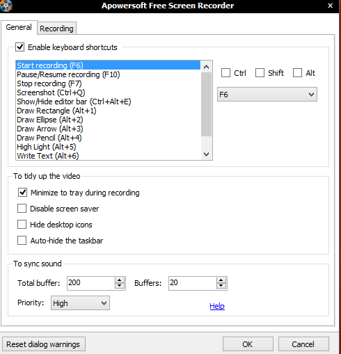 keyboard shortcuts for Apowersoft Free Screen Recorder