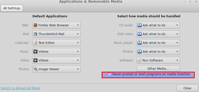 Disabling autoplay in Linux Mint 15