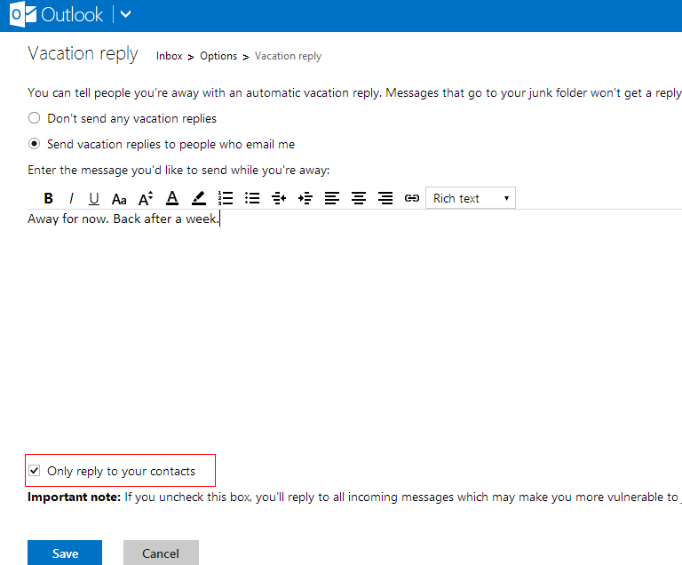 Setting up an automatic vacation reply message in outlook.com