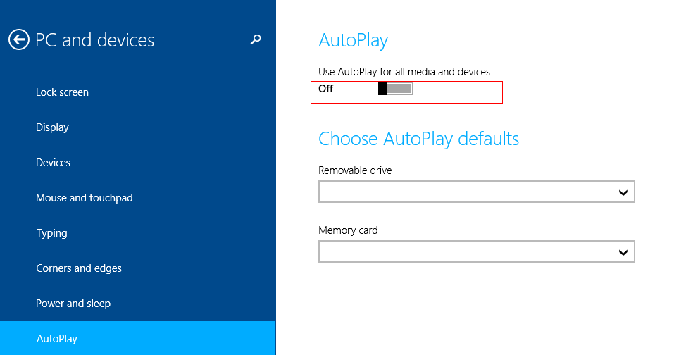 Autoplay settings in Windows 8.1