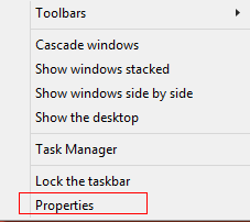 Accessing properties menu from Windows 8.1 taskbar