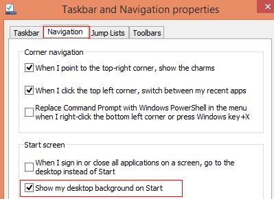 Enable showing desktop background on Windows 8.1 start screen