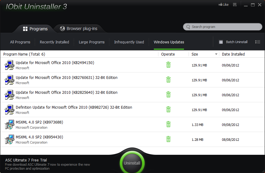 list of installed windows updates in iobit uninstaller