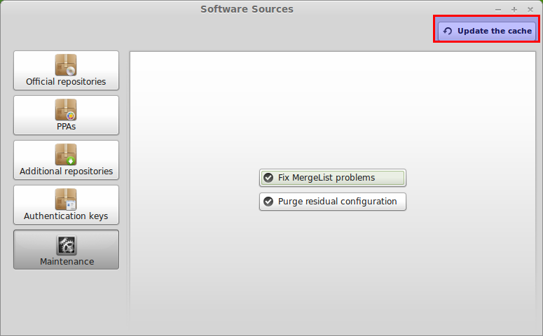 Reloading cache in Linux Mint 15 after fixing mergelist error