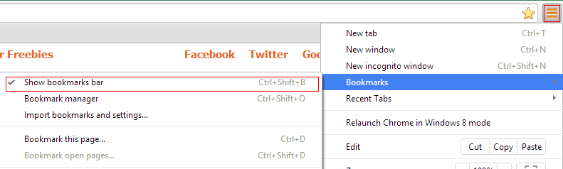 Enable bookmarks bar in Google Chrome