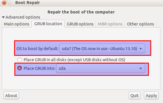 advanced options for boot-repair tool in Ubuntu