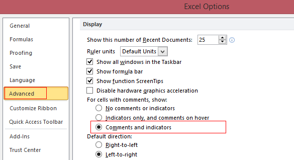 Changing comment display settings for Excel cells