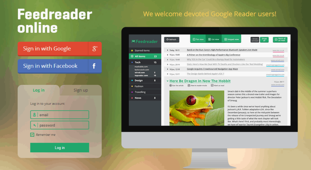 Feedreader online home page