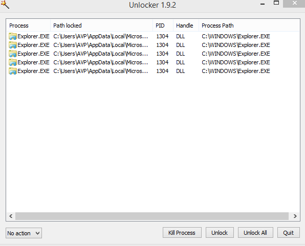 list of processes that lock the specific folder as seen by Unlocker