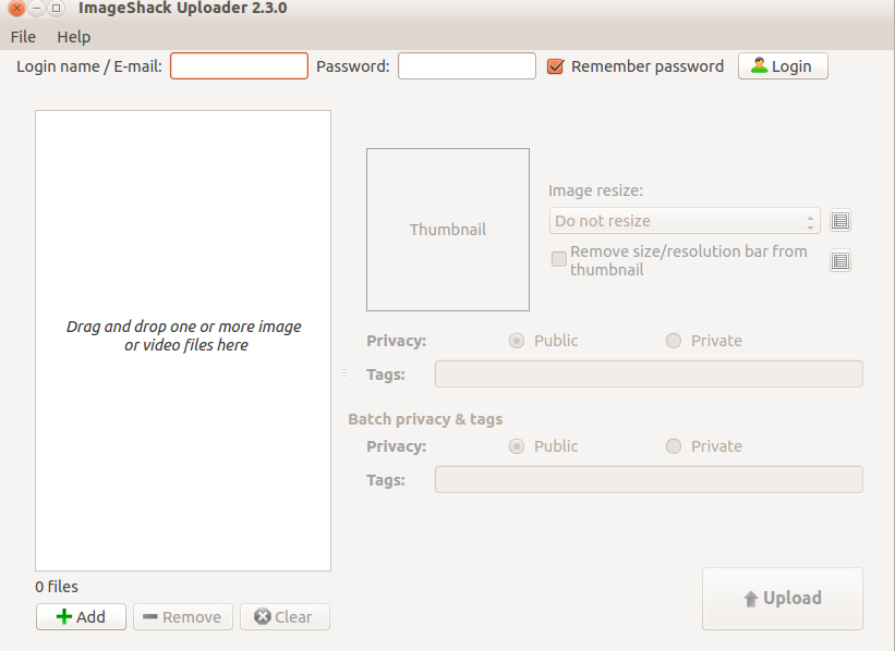 main user interface of imageshack uploader