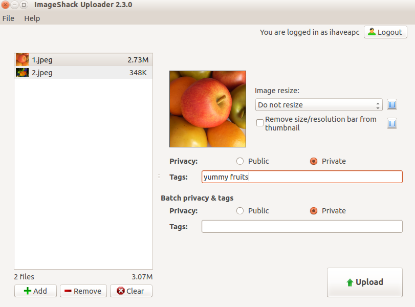 choosing images, privacy settings and image tags in imageshack uploader