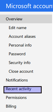 choosing recent activity option in outlook.com