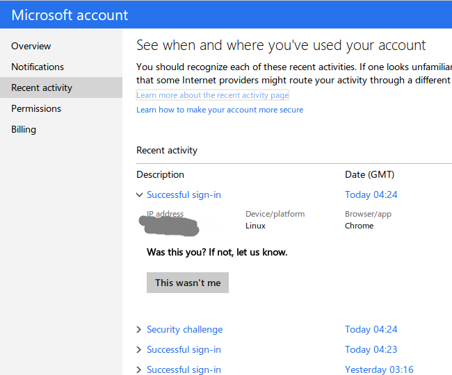 recent login activity details in outlook.com