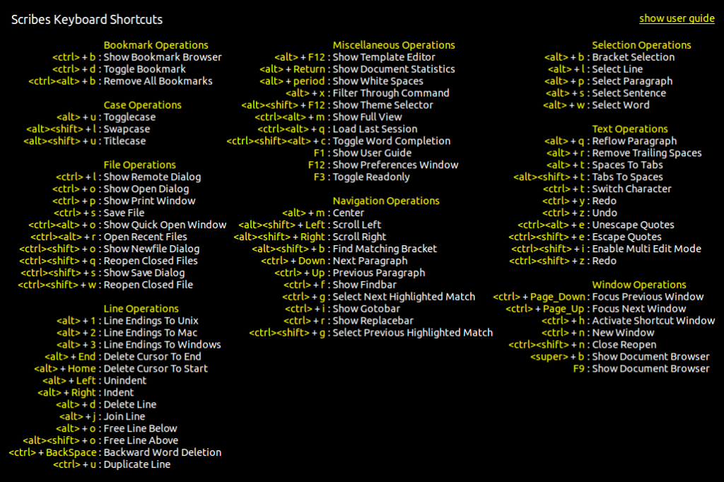 Scribes keyboard shortcuts