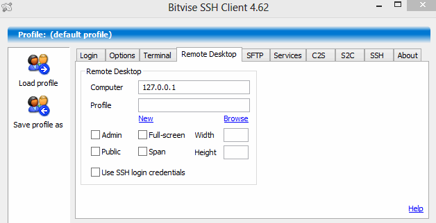 Remote desktop settings in Bitvise SSH client