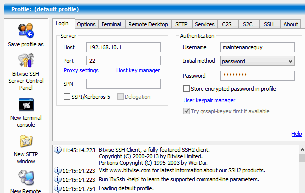 Bitvise SSH client user interface