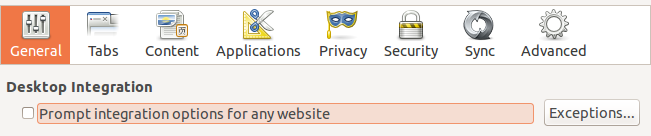 turn off Ubuntu web apps integration prompt in firefox