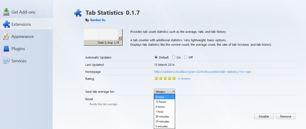 changing time interval for tab statistics Firefox add-on