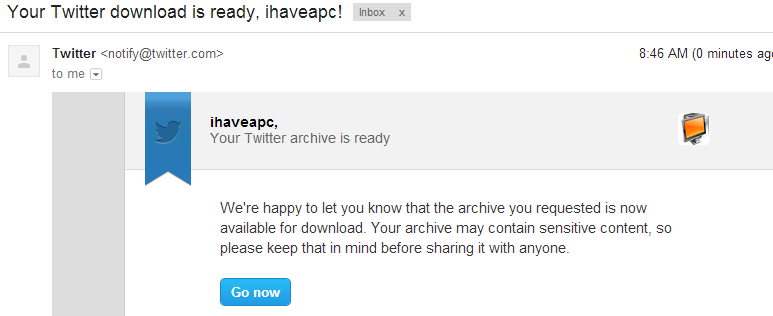 Email containing link to download Twitter archives