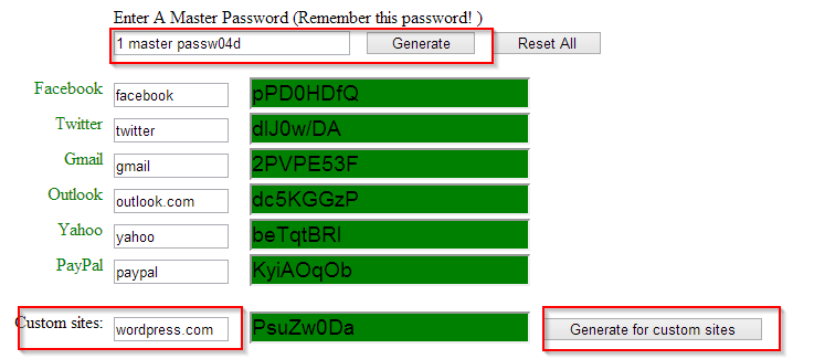 creating passwords for custom sites