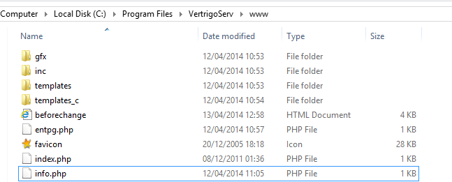 www folder / document root in VertrigoServ