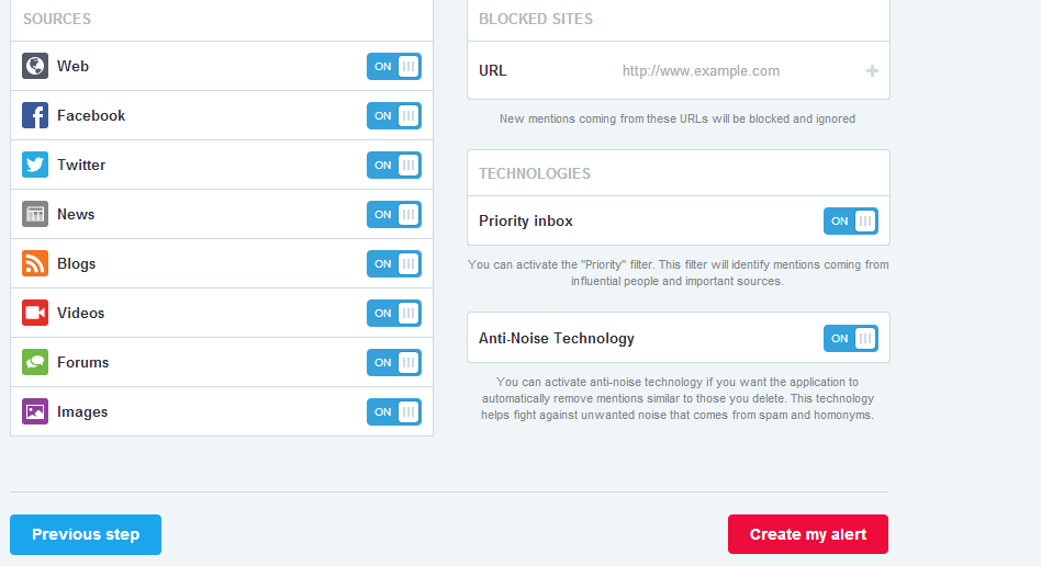 choosing web sources for created alerts in mention