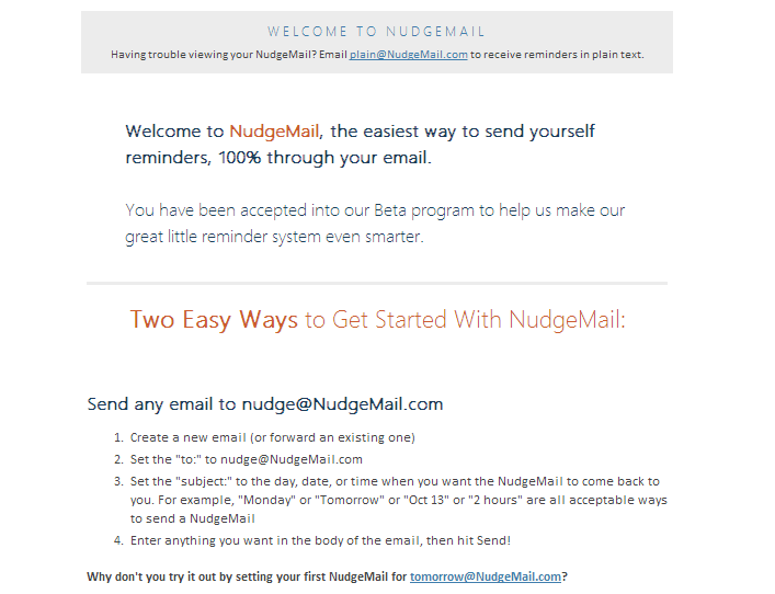 NudgeMail welcome email