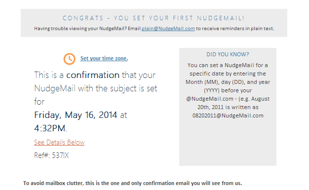 Reminder conformation email in NudgeMail