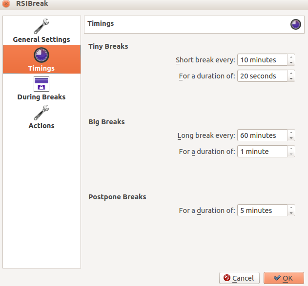 Configuring timing intervals for breaks in RSIBreak