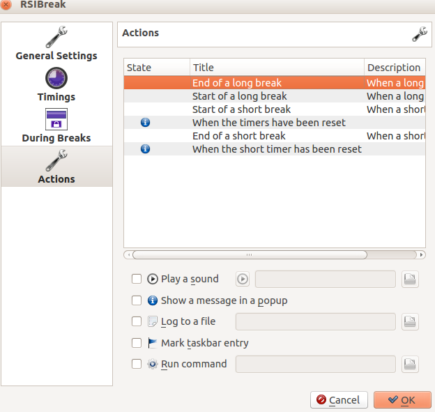 Configuring actions associated with breaks in RSIBreak