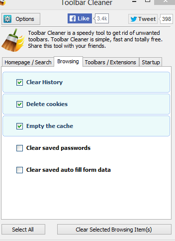 clearing browsing history, deleting cookies using toolbar cleaner