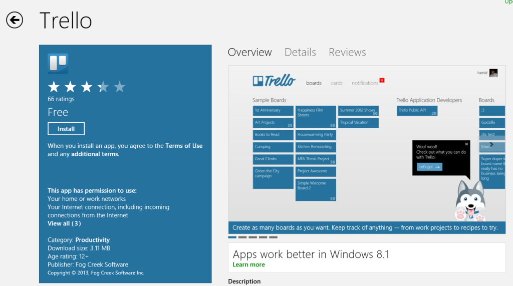 Trello in Windows 8 app store