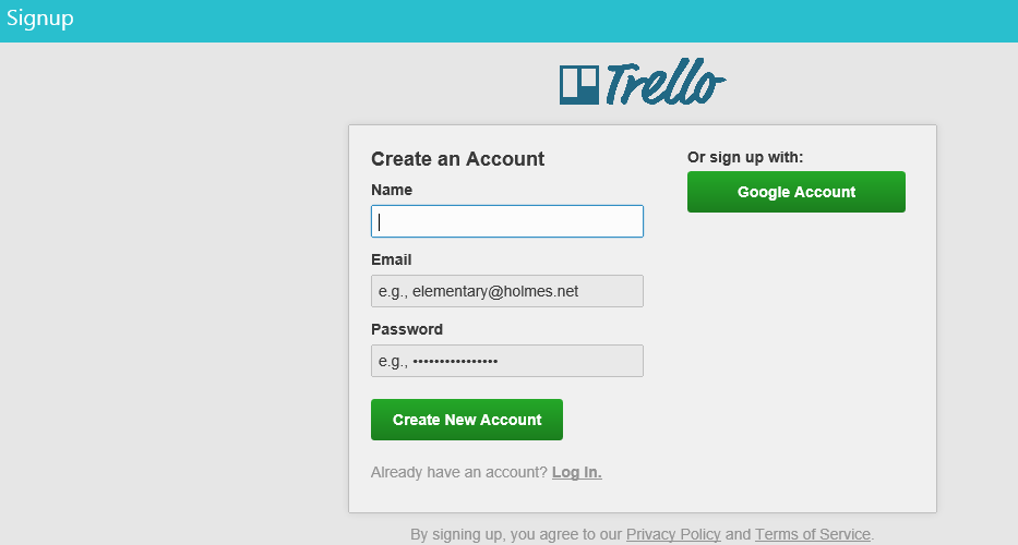 Creating a new account in Trello