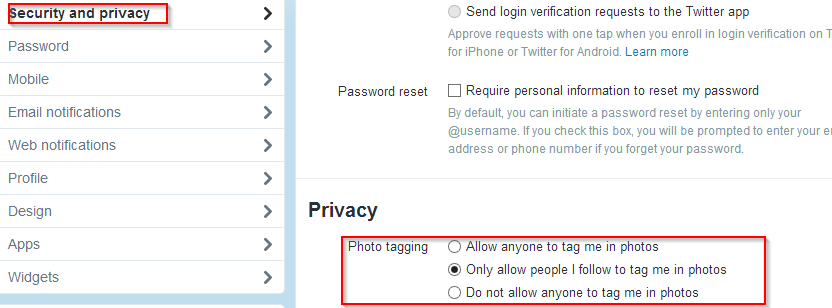 Changing photo tagging settings from Twitter privacy settings