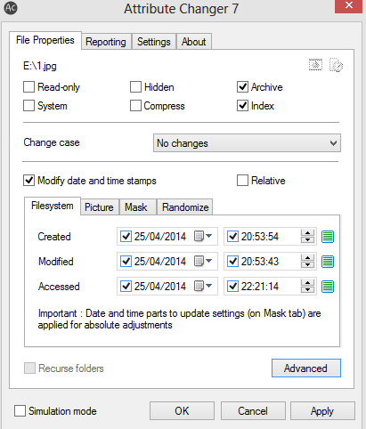 various options to change file attributes in attribute changer