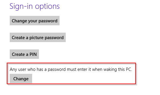 Changing password settings for waking up PC in Windows 8 