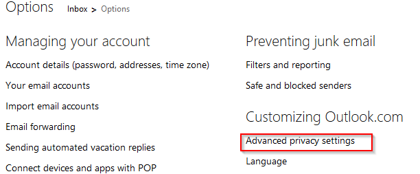 Accessing advanced privacy settings in Outlook.com