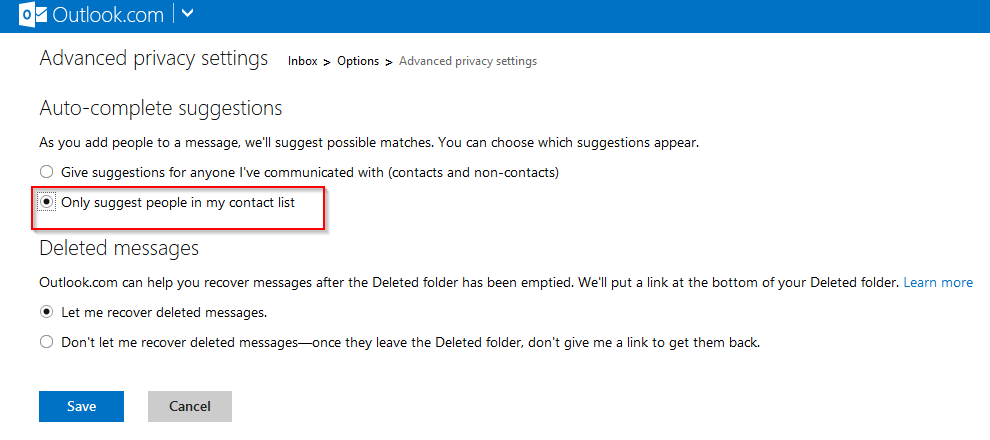 change auto-suggestion settings in Outlook.com