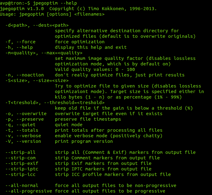 various parameters for jpegoptim