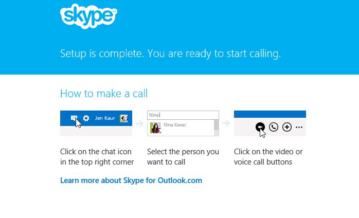 Finished setup of Skype plugin for Outlook.com